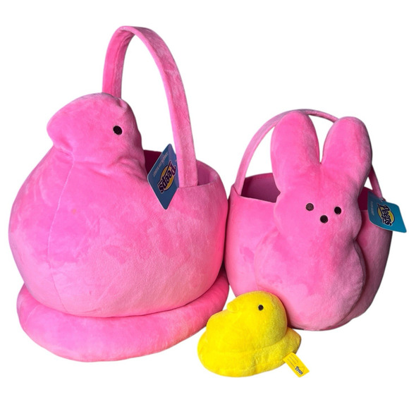 PEEPS Pink Plush Easter Baskets (1) Jumbo Chick -(1) Medium & Yellow Bunny Lot/3 - Picture 1 of 16